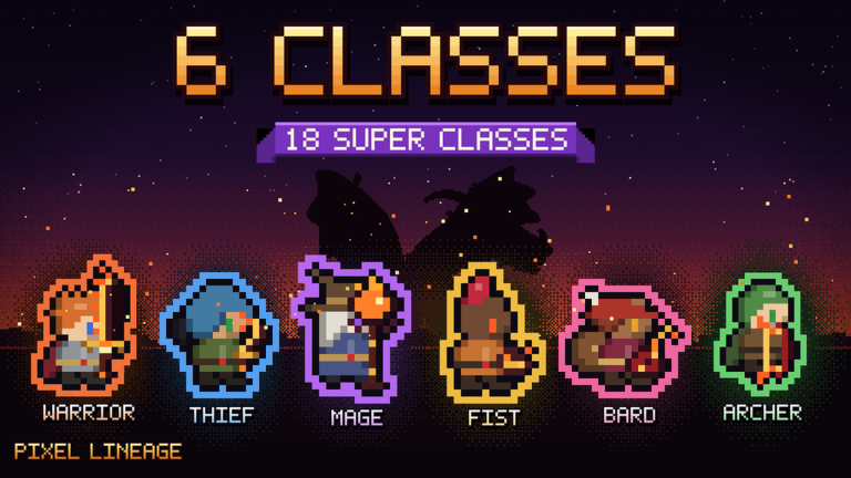 Pixel Lineage official class artwork showing Warrior, Thief, Mage, Fist, Bard and Archer
